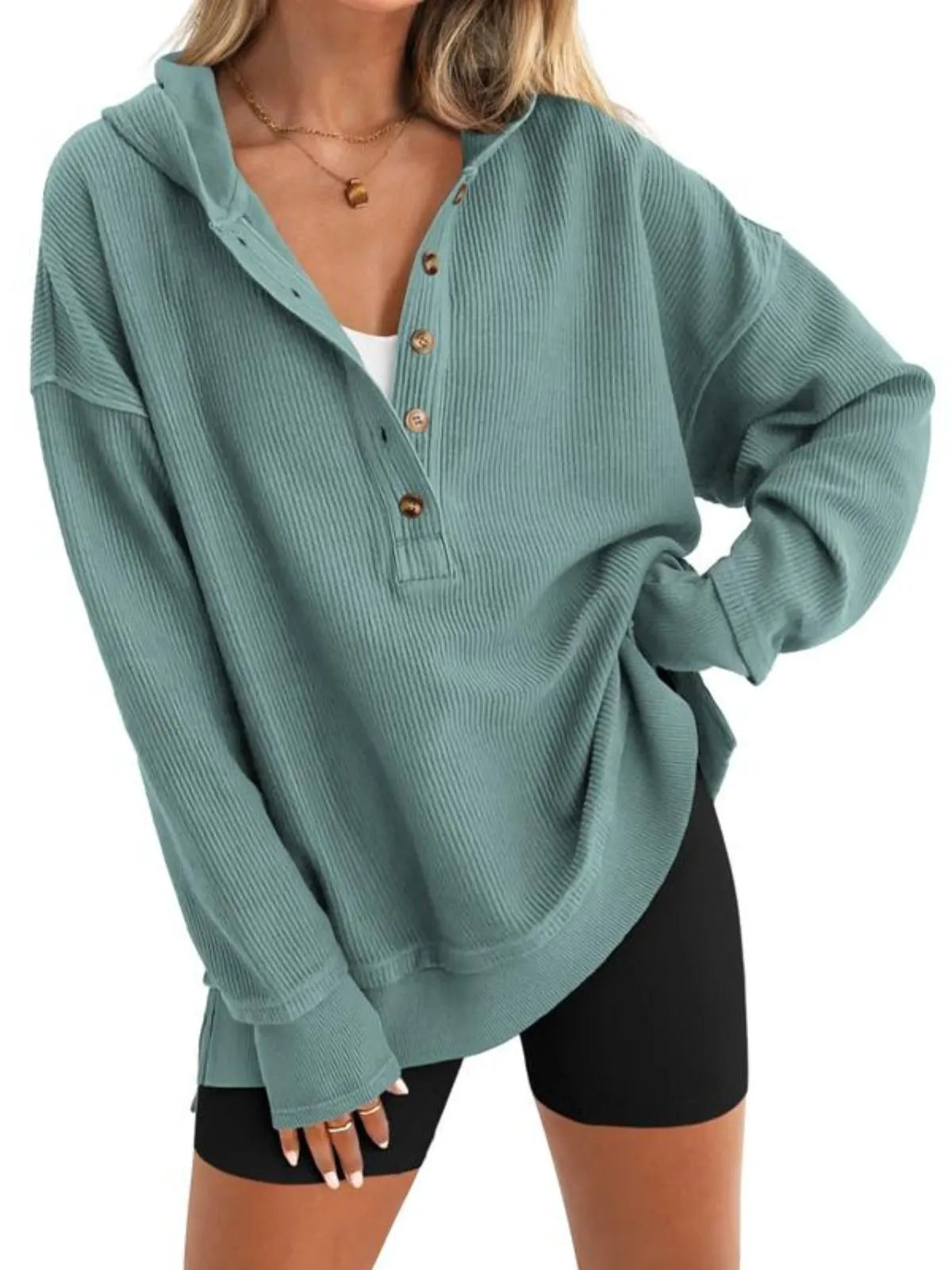 Solid Button V-neck Hooded Side Slit Casual Pullover Sweatshirt