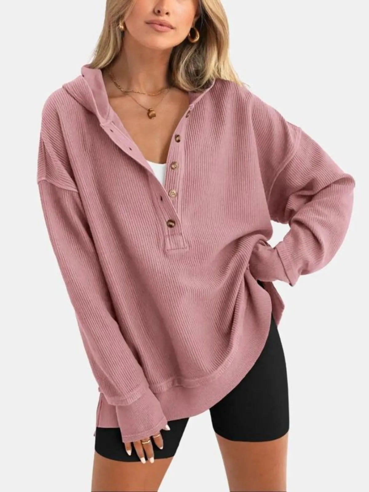 Solid Button V-neck Hooded Side Slit Casual Pullover Sweatshirt