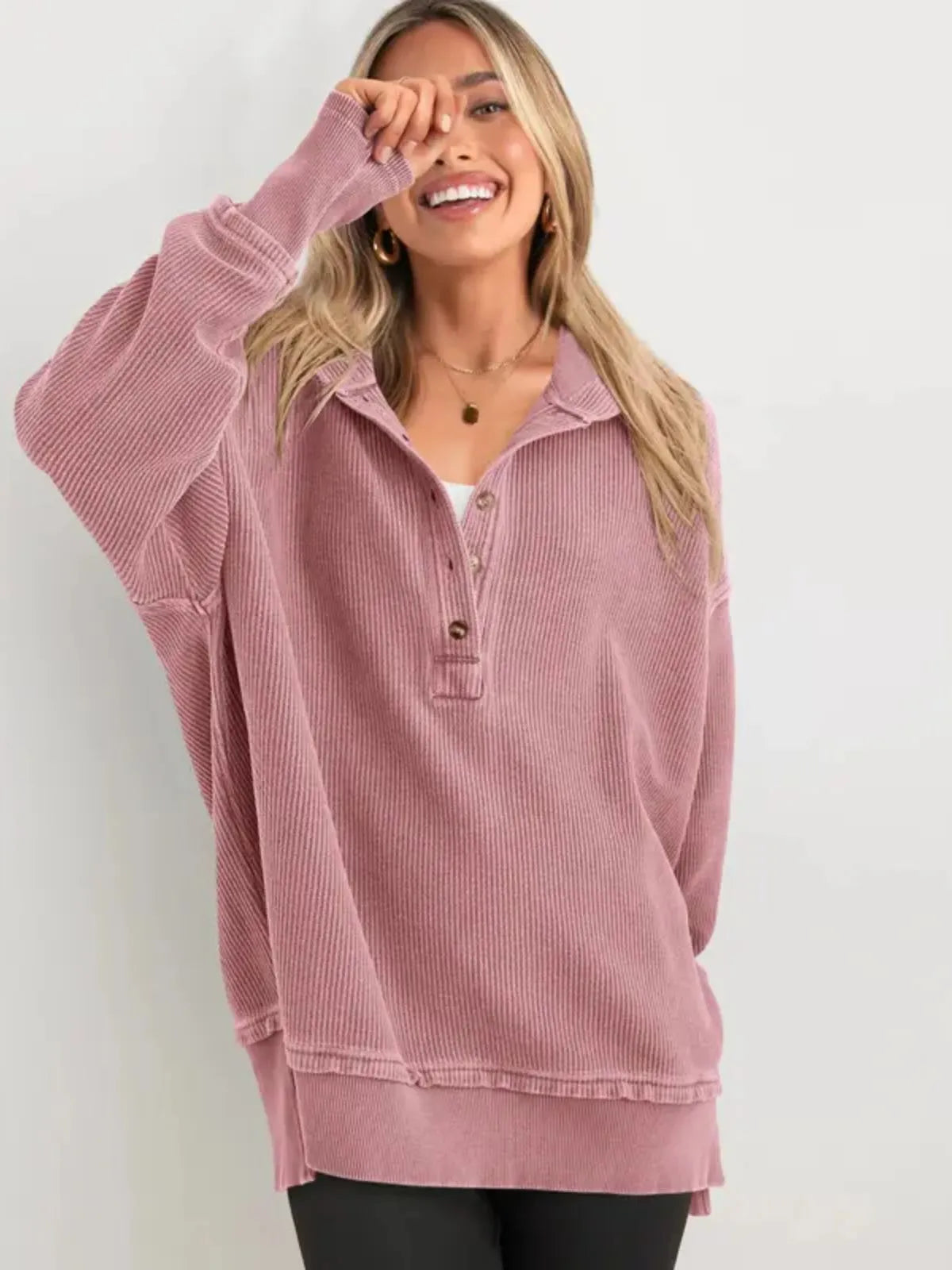 Solid Button V-neck Hooded Side Slit Casual Pullover Sweatshirt
