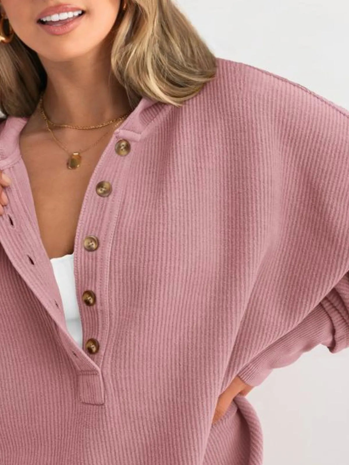 Solid Button V-neck Hooded Side Slit Casual Pullover Sweatshirt
