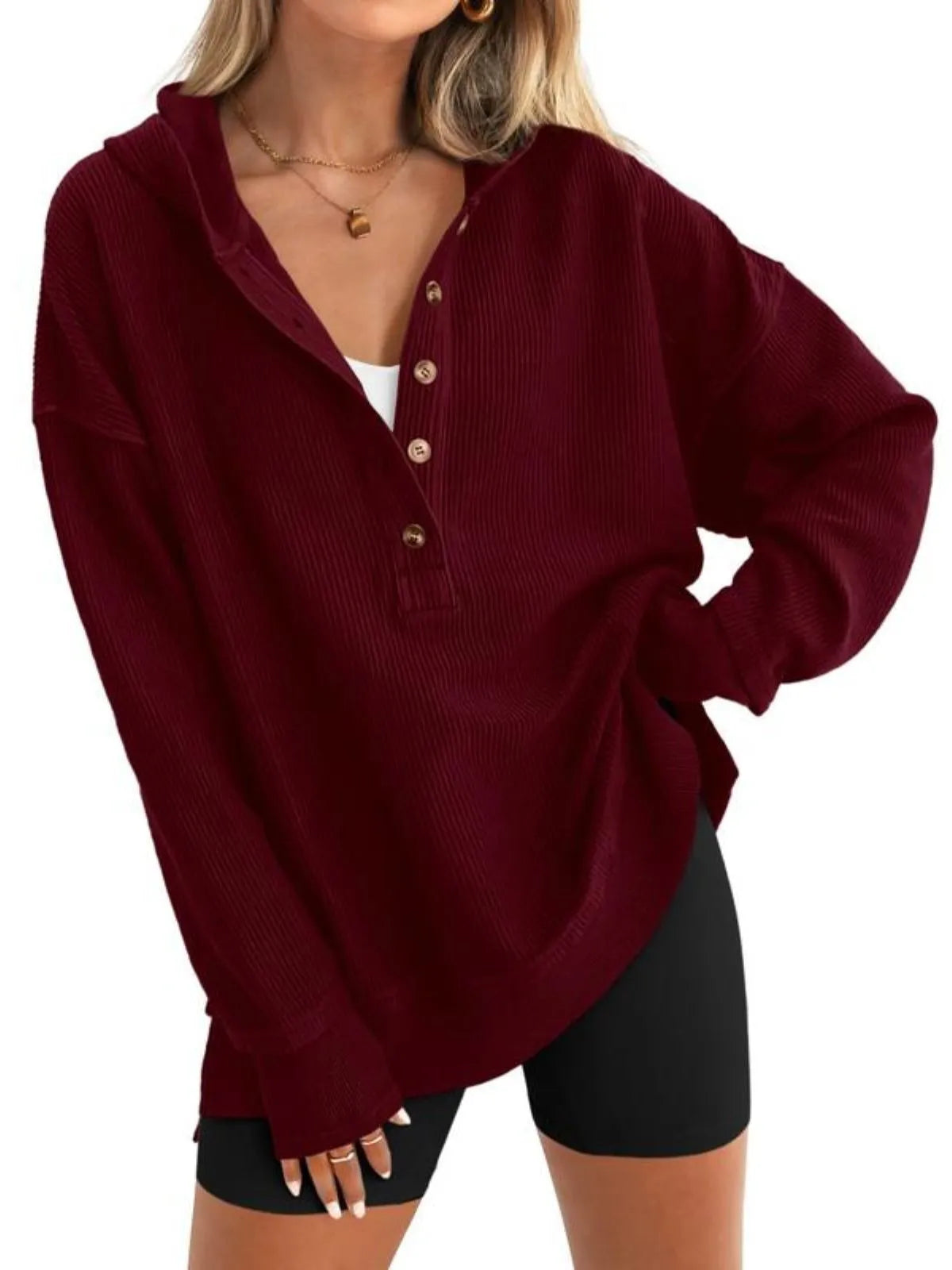 Solid Button V-neck Hooded Side Slit Casual Pullover Sweatshirt