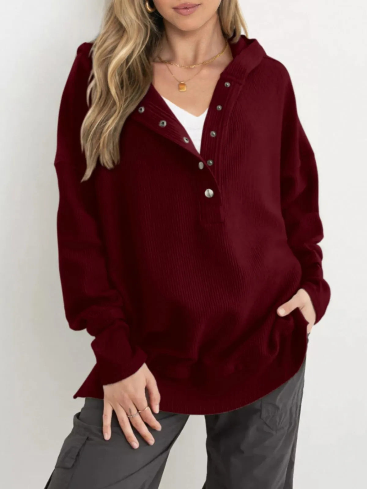 Solid Button V-neck Hooded Side Slit Casual Pullover Sweatshirt