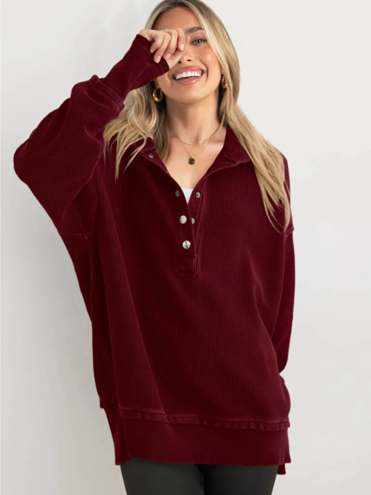 Solid Button V-neck Hooded Side Slit Casual Pullover Sweatshirt