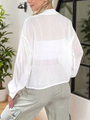 Solid Button Lapel Drop Shoulder Long Sleeve Chiffon Blouse