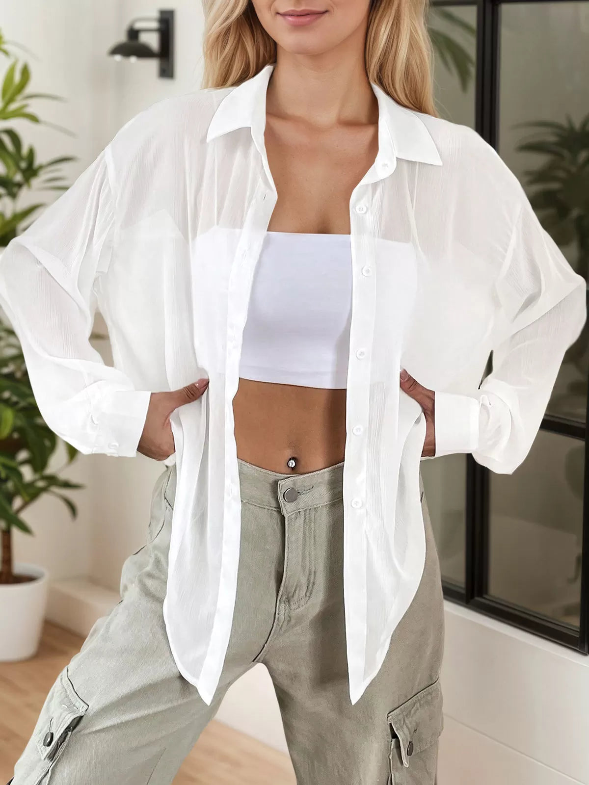 Solid Button Lapel Drop Shoulder Long Sleeve Chiffon Blouse
