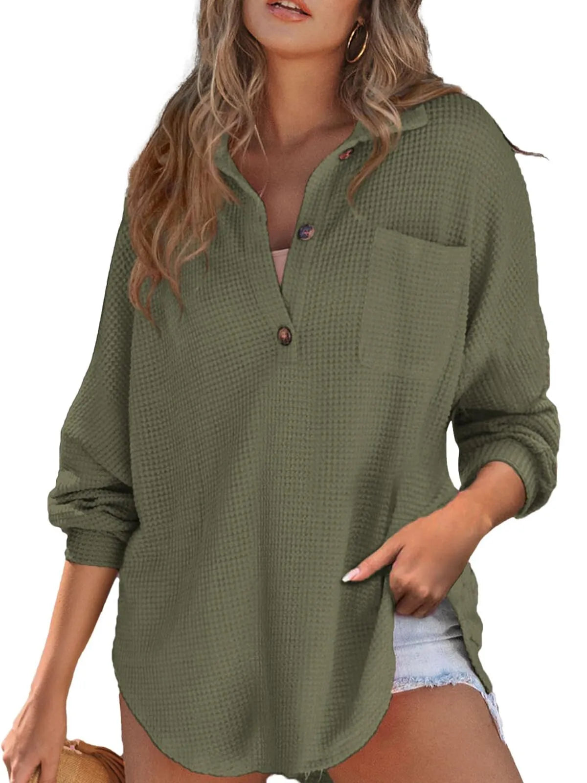 Solid Button Lapel Oversized Henley Waffle Knitwear Blouse