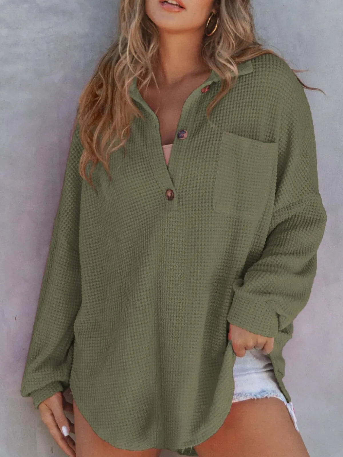 Solid Button Lapel Oversized Henley Waffle Knitwear Blouse