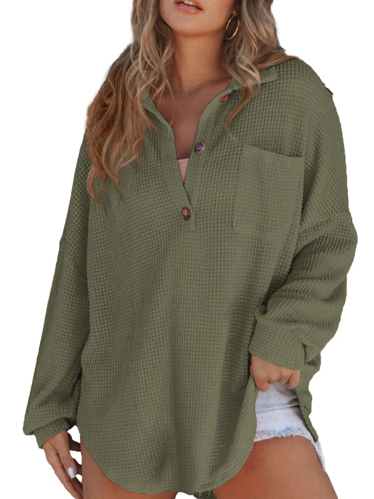 Solid Button Lapel Oversized Henley Waffle Knitwear Blouse