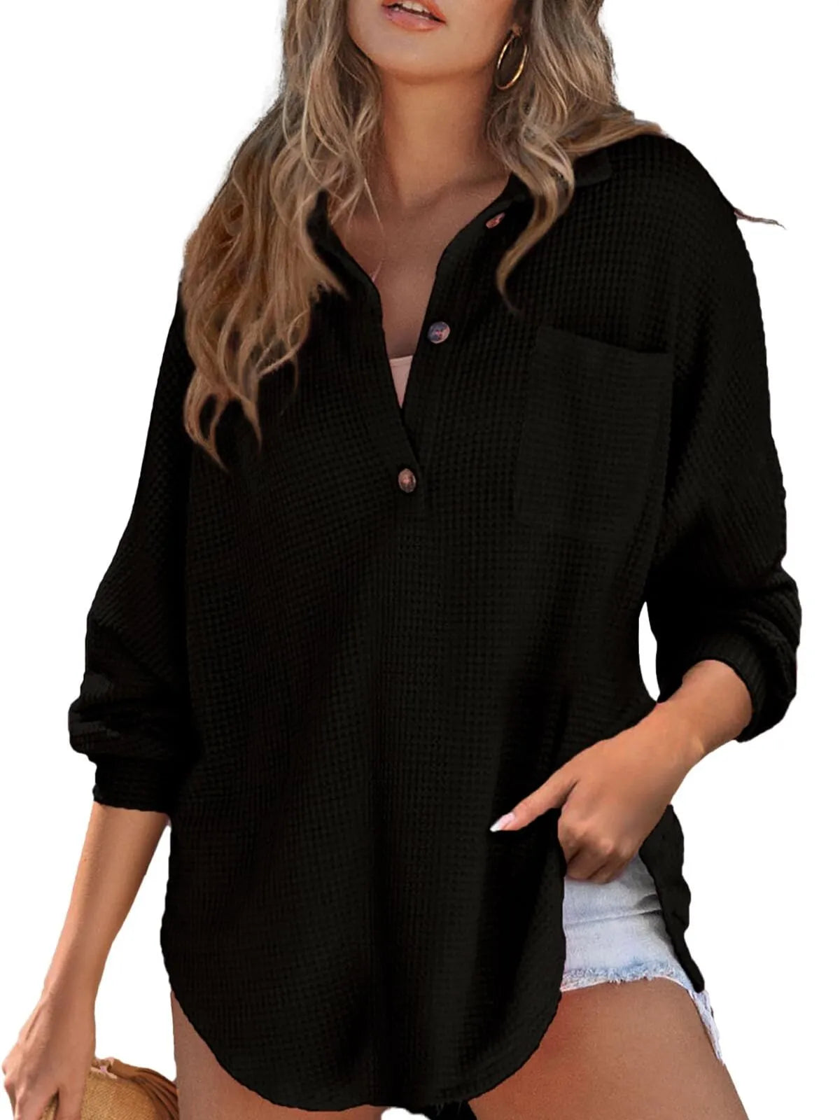 Solid Button Lapel Oversized Henley Waffle Knitwear Blouse