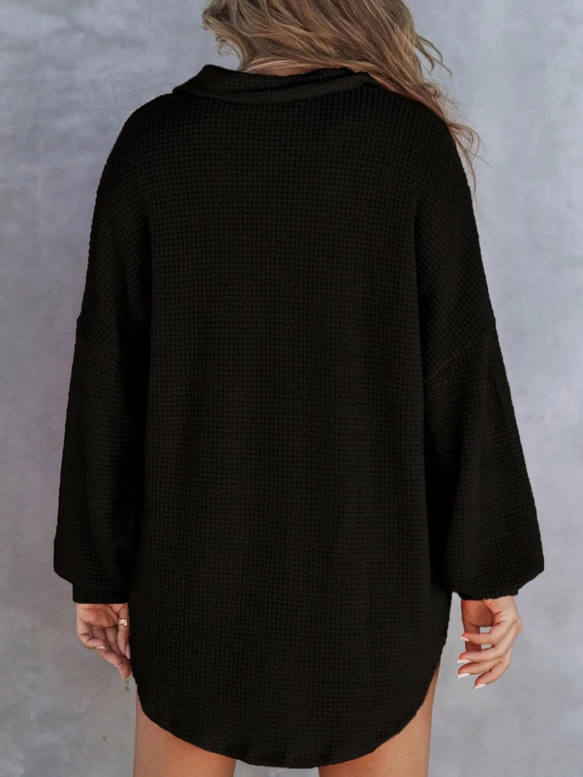 Solid Button Lapel Oversized Henley Waffle Knitwear Blouse