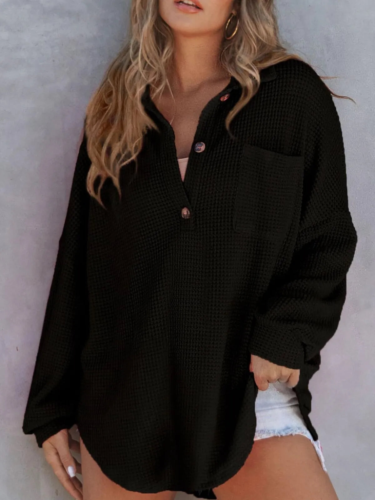 Solid Button Lapel Oversized Henley Waffle Knitwear Blouse