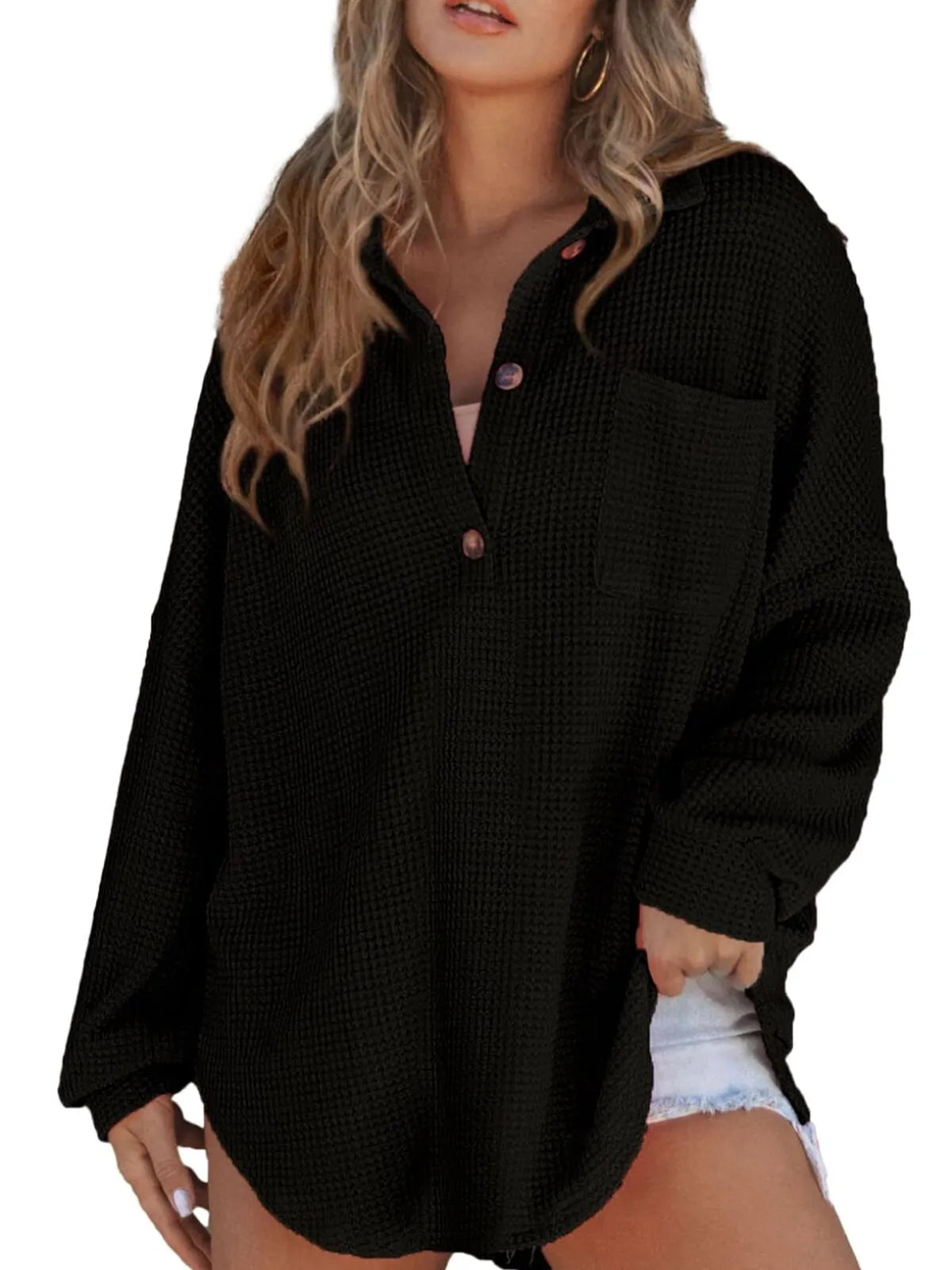 Solid Button Lapel Oversized Henley Waffle Knitwear Blouse
