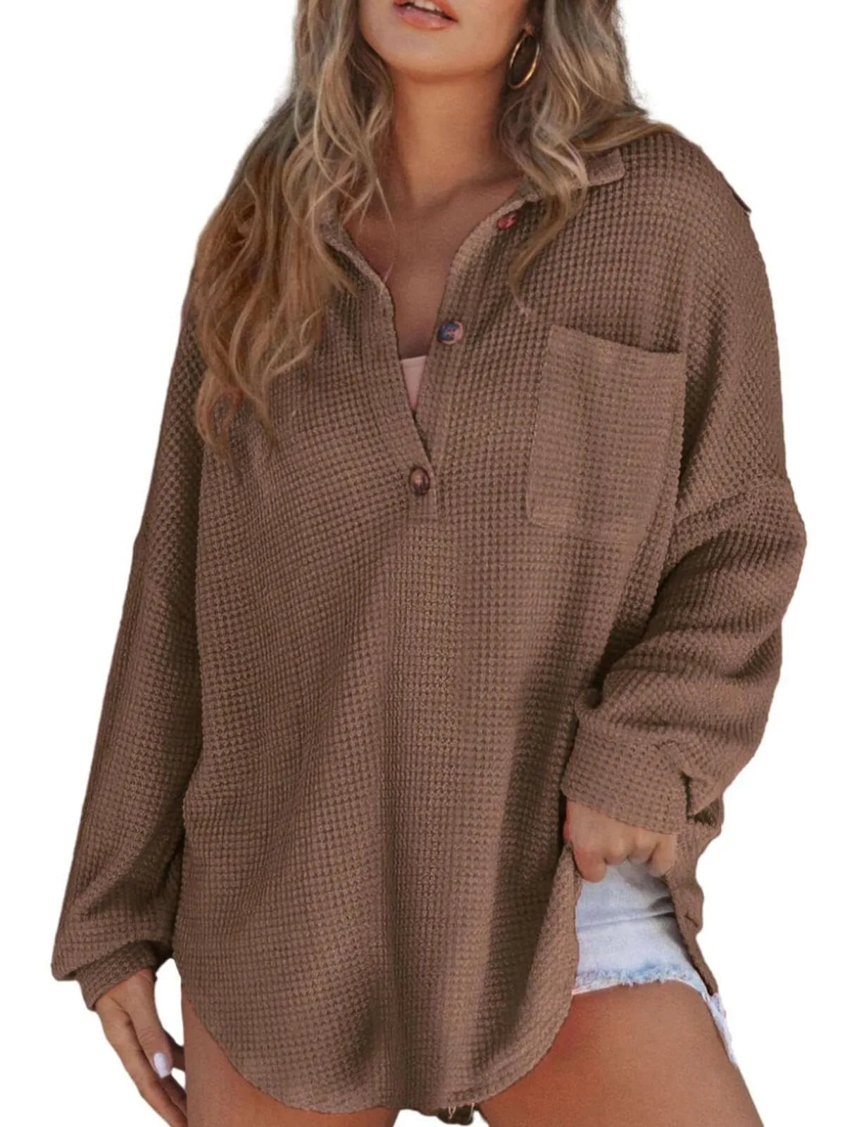 Solid Button Lapel Oversized Henley Waffle Knitwear Blouse