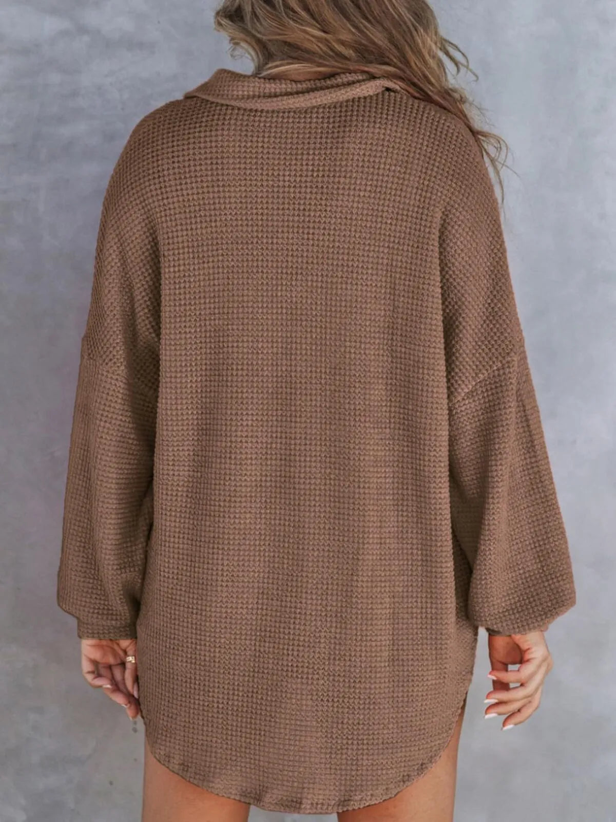 Solid Button Lapel Oversized Henley Waffle Knitwear Blouse