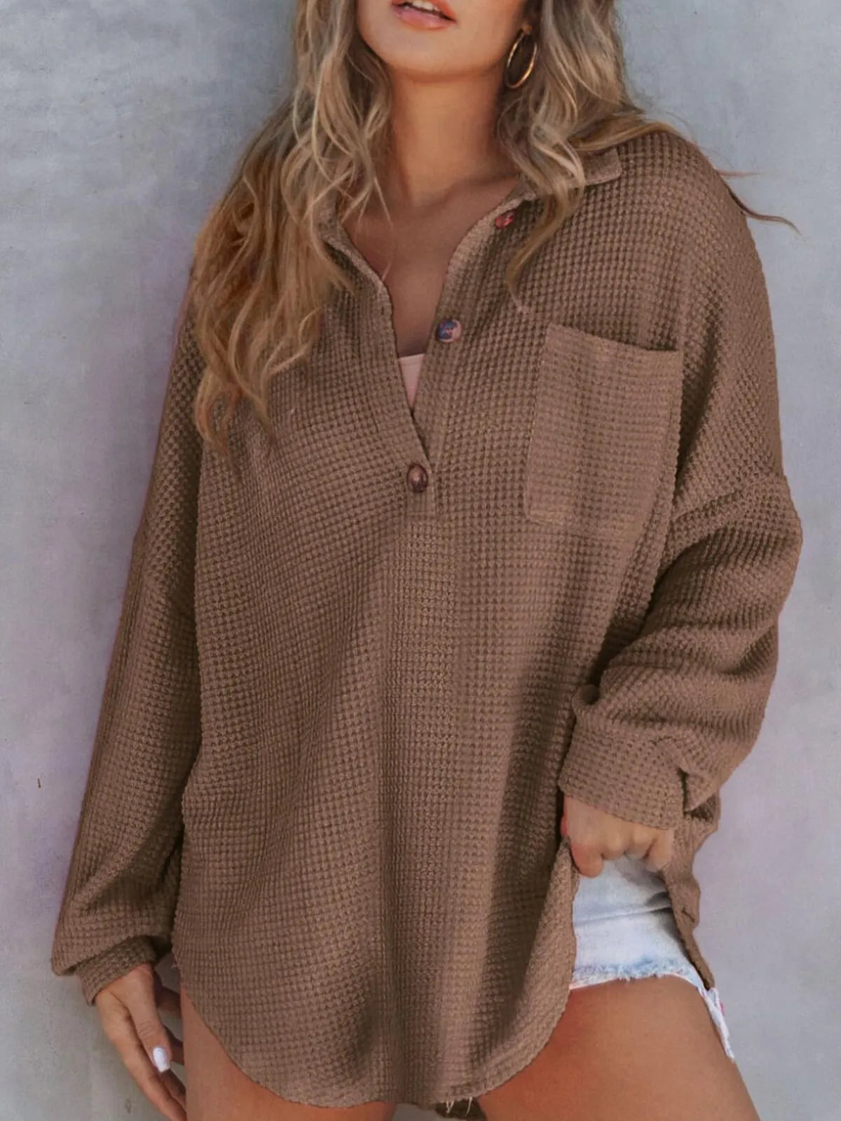 Solid Button Lapel Oversized Henley Waffle Knitwear Blouse