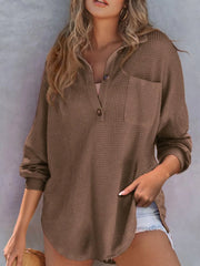 Solid Button Lapel Oversized Henley Waffle Knitwear Blouse