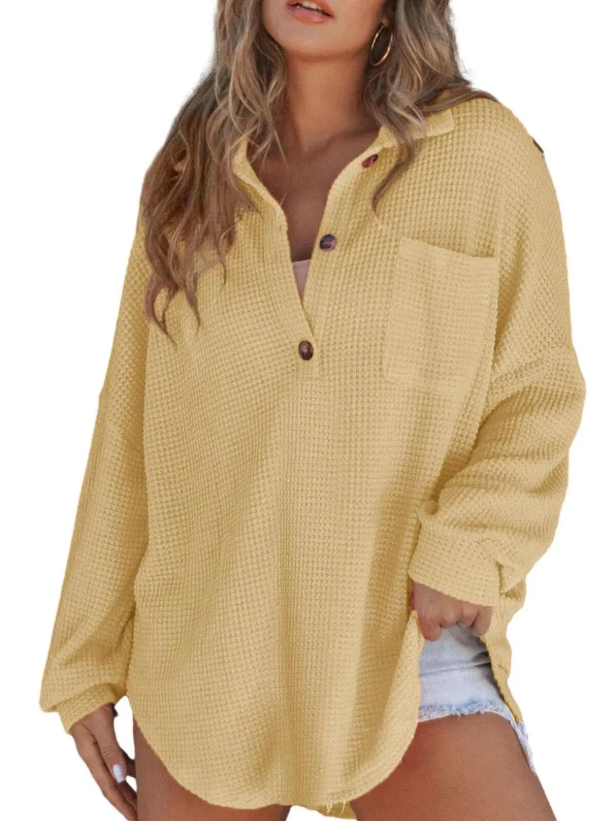 Solid Button Lapel Oversized Henley Waffle Knitwear Blouse