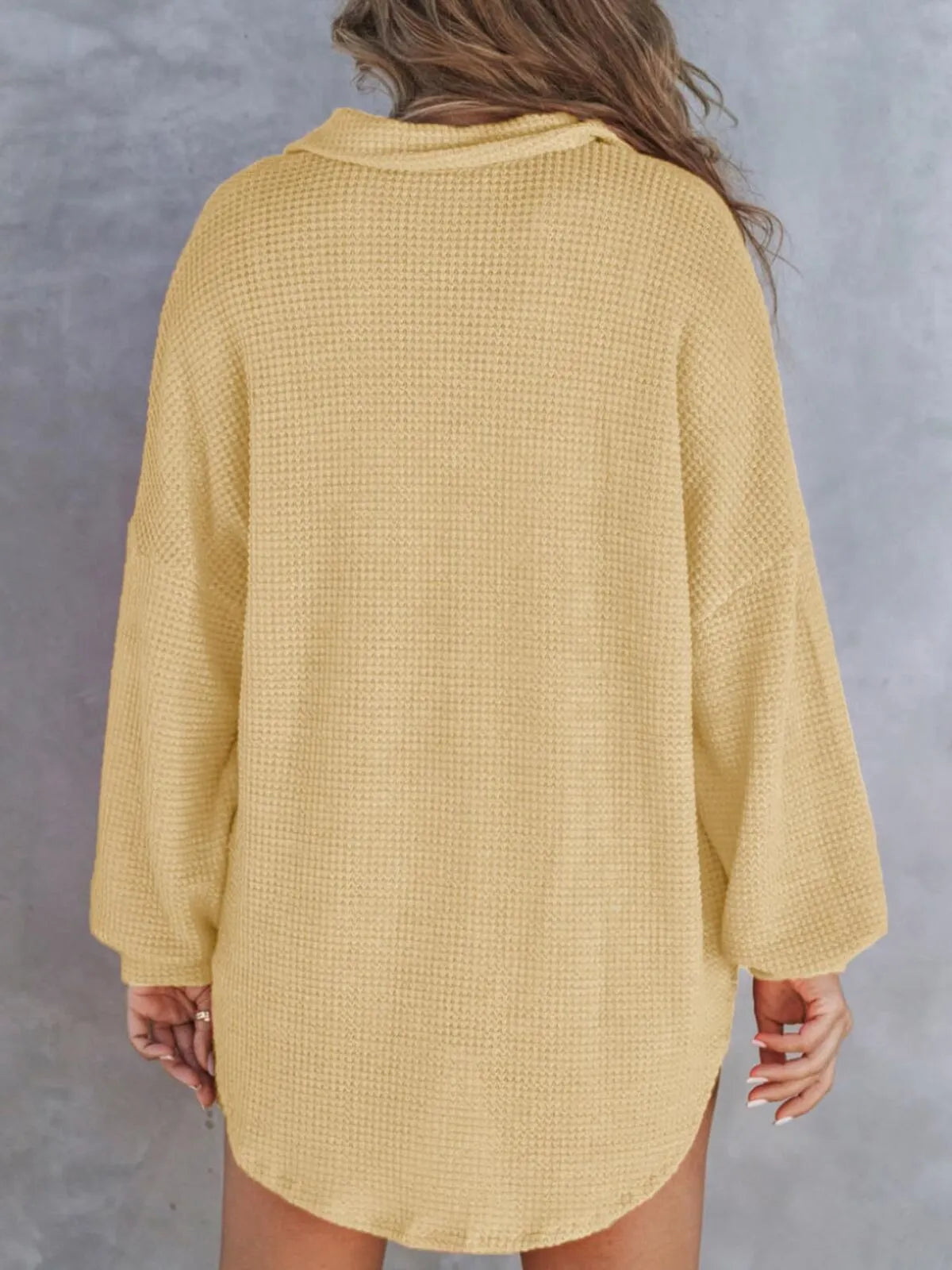 Solid Button Lapel Oversized Henley Waffle Knitwear Blouse