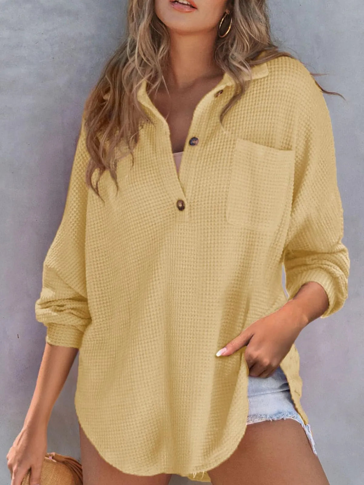 Solid Button Lapel Oversized Henley Waffle Knitwear Blouse