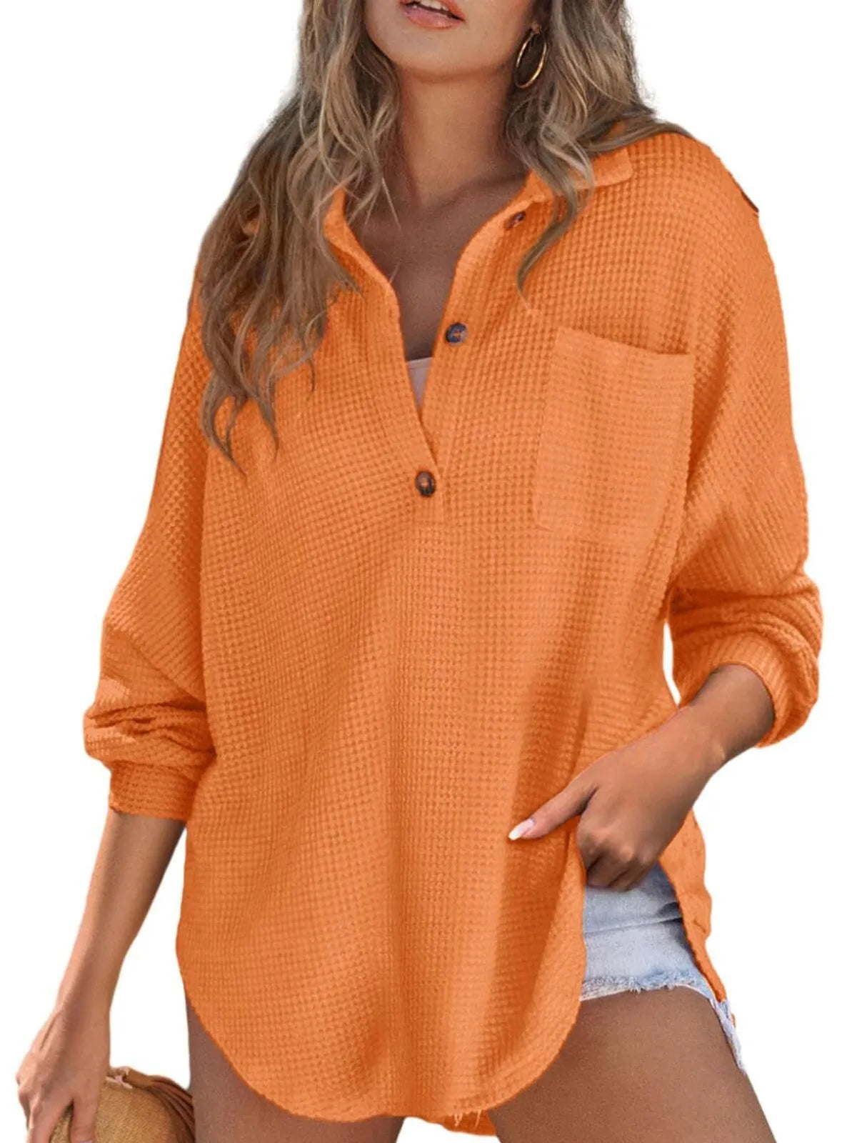 Solid Button Lapel Oversized Henley Waffle Knitwear Blouse