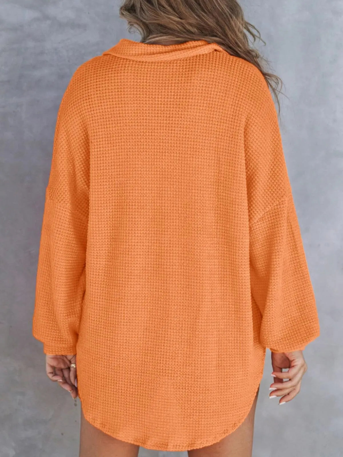 Solid Button Lapel Oversized Henley Waffle Knitwear Blouse