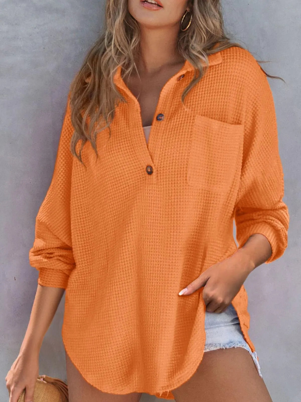 Solid Button Lapel Oversized Henley Waffle Knitwear Blouse