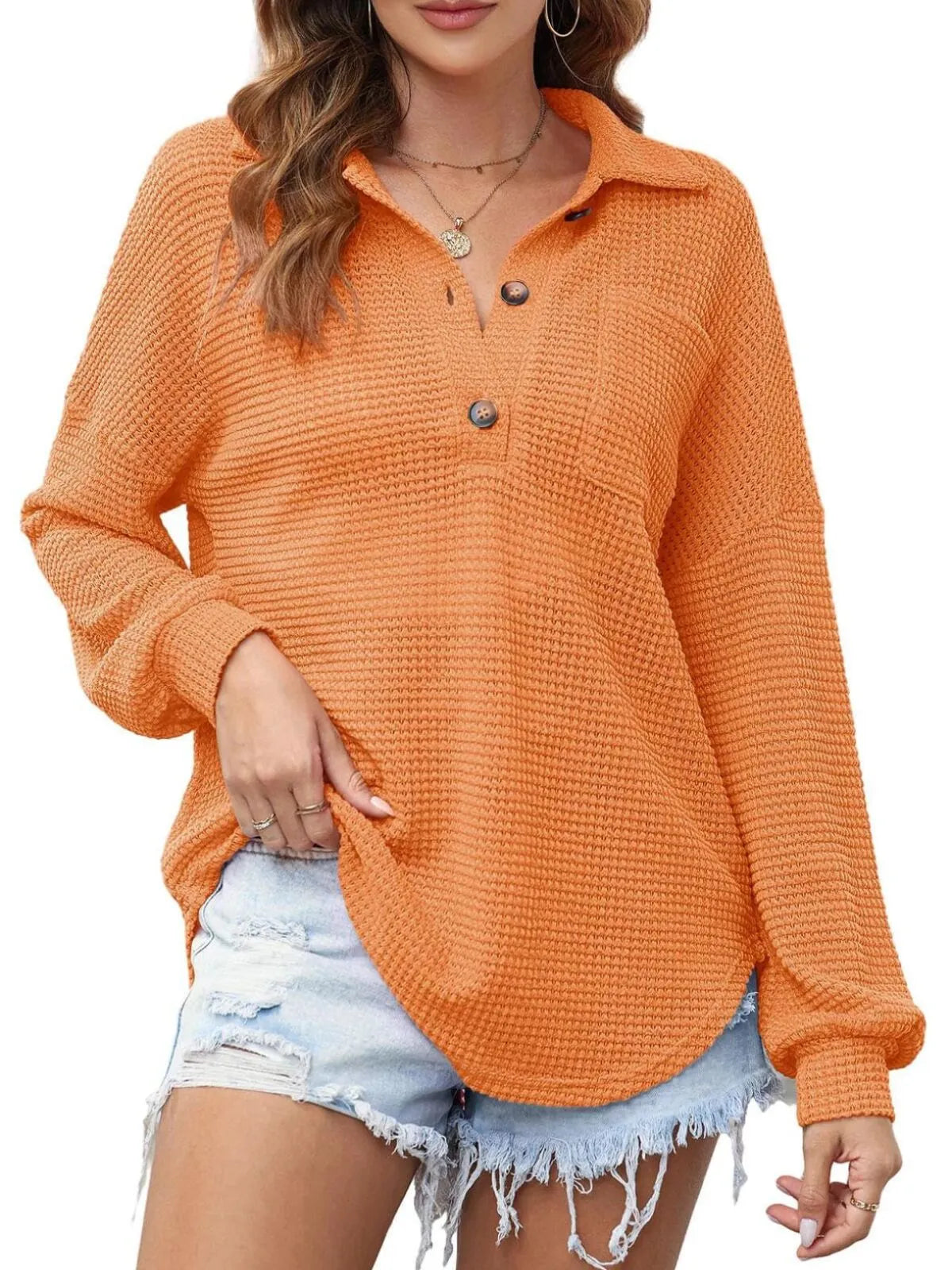 Solid Button Lapel Oversized Henley Waffle Knitwear Blouse