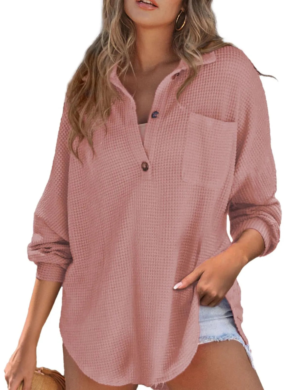 Solid Button Lapel Oversized Henley Waffle Knitwear Blouse