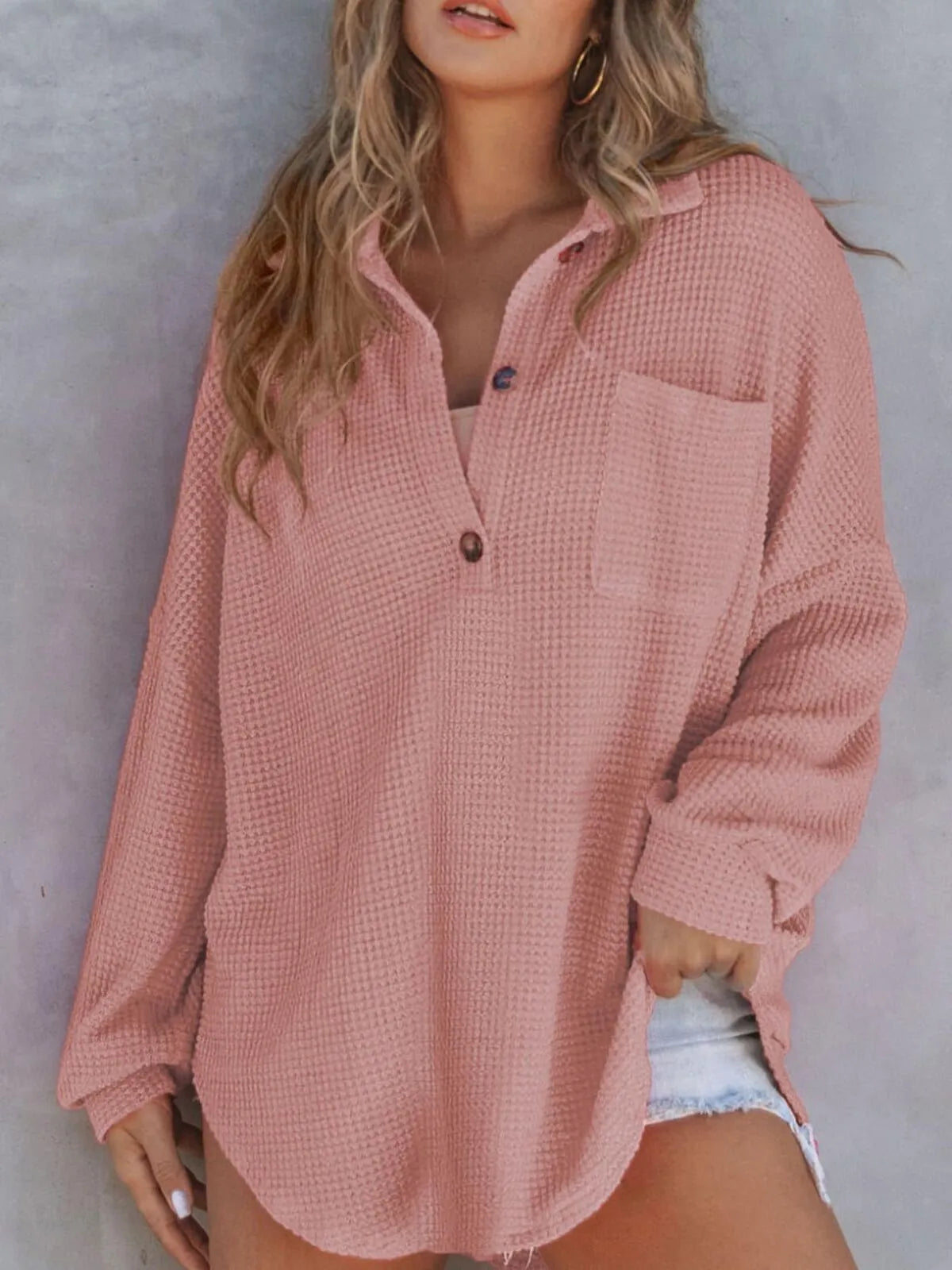 Solid Button Lapel Oversized Henley Waffle Knitwear Blouse