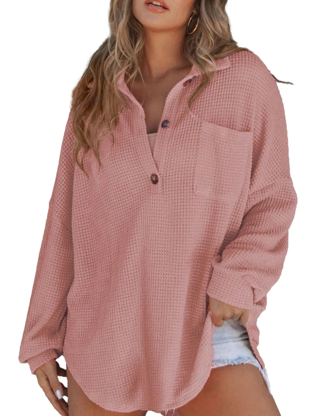Solid Button Lapel Oversized Henley Waffle Knitwear Blouse