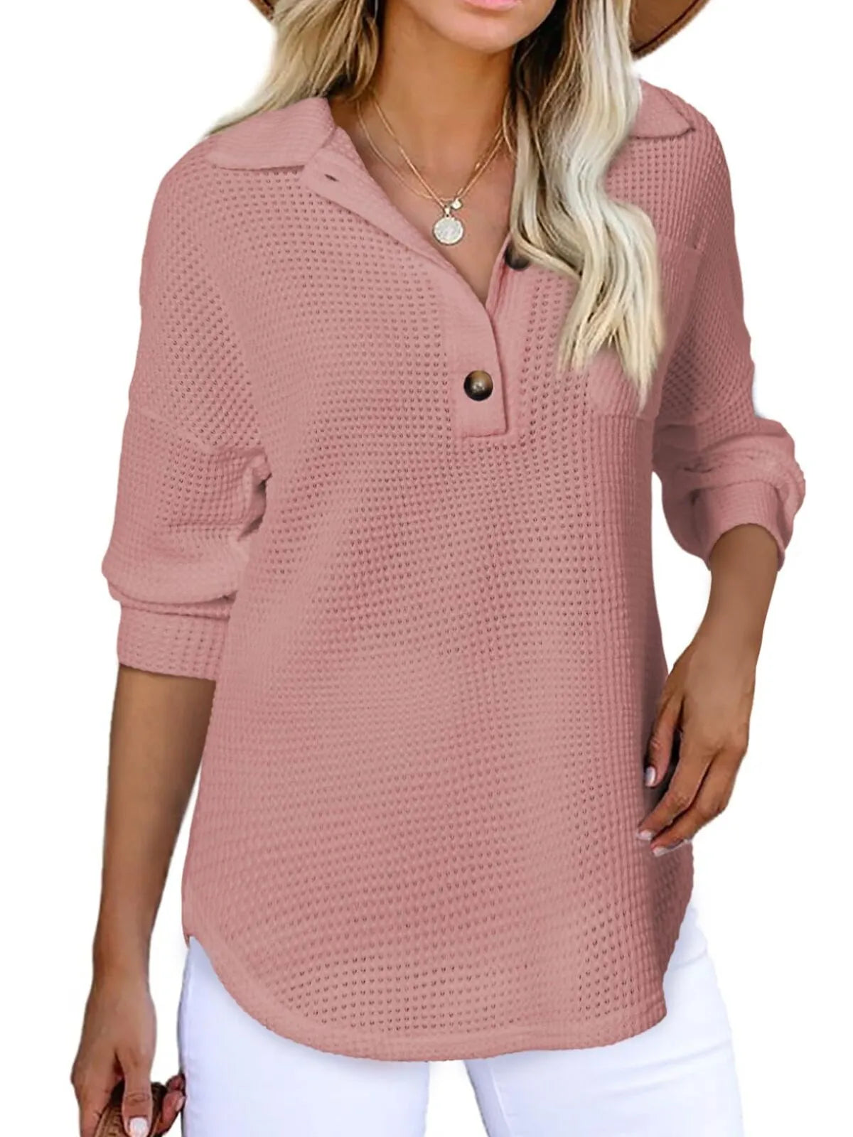 Solid Button Lapel Oversized Henley Waffle Knitwear Blouse