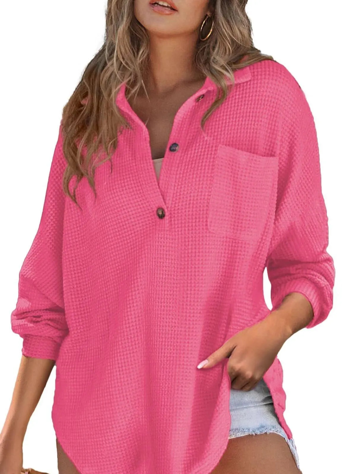 Solid Button Lapel Oversized Henley Waffle Knitwear Blouse