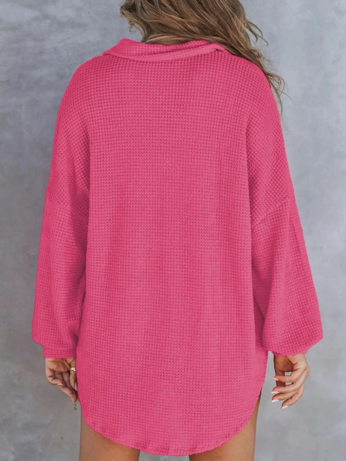 Solid Button Lapel Oversized Henley Waffle Knitwear Blouse