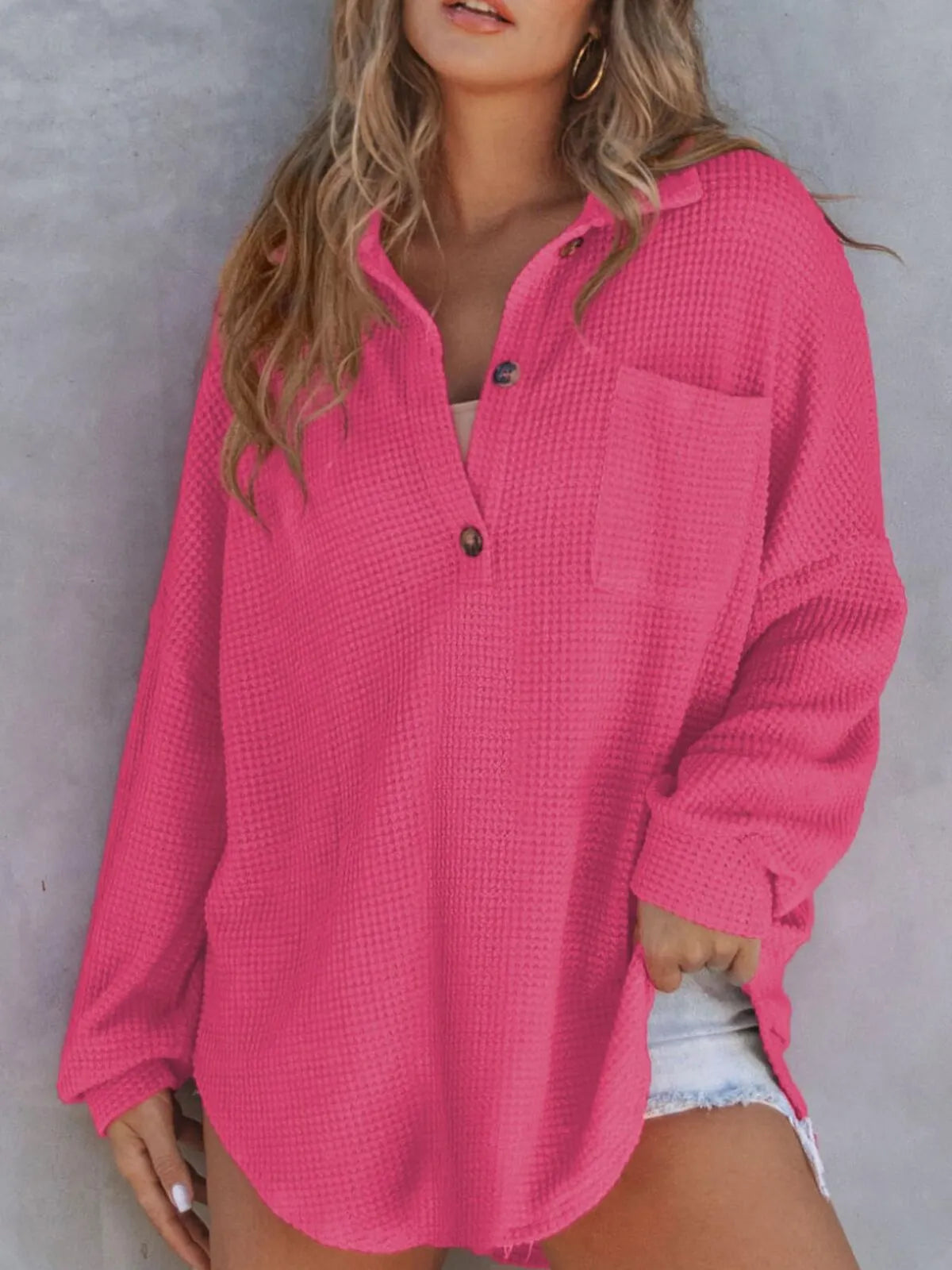 Solid Button Lapel Oversized Henley Waffle Knitwear Blouse