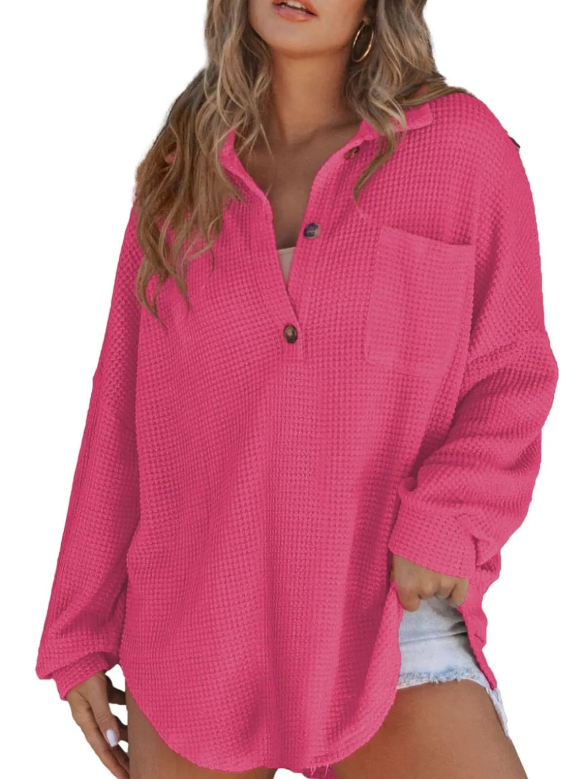 Solid Button Lapel Oversized Henley Waffle Knitwear Blouse
