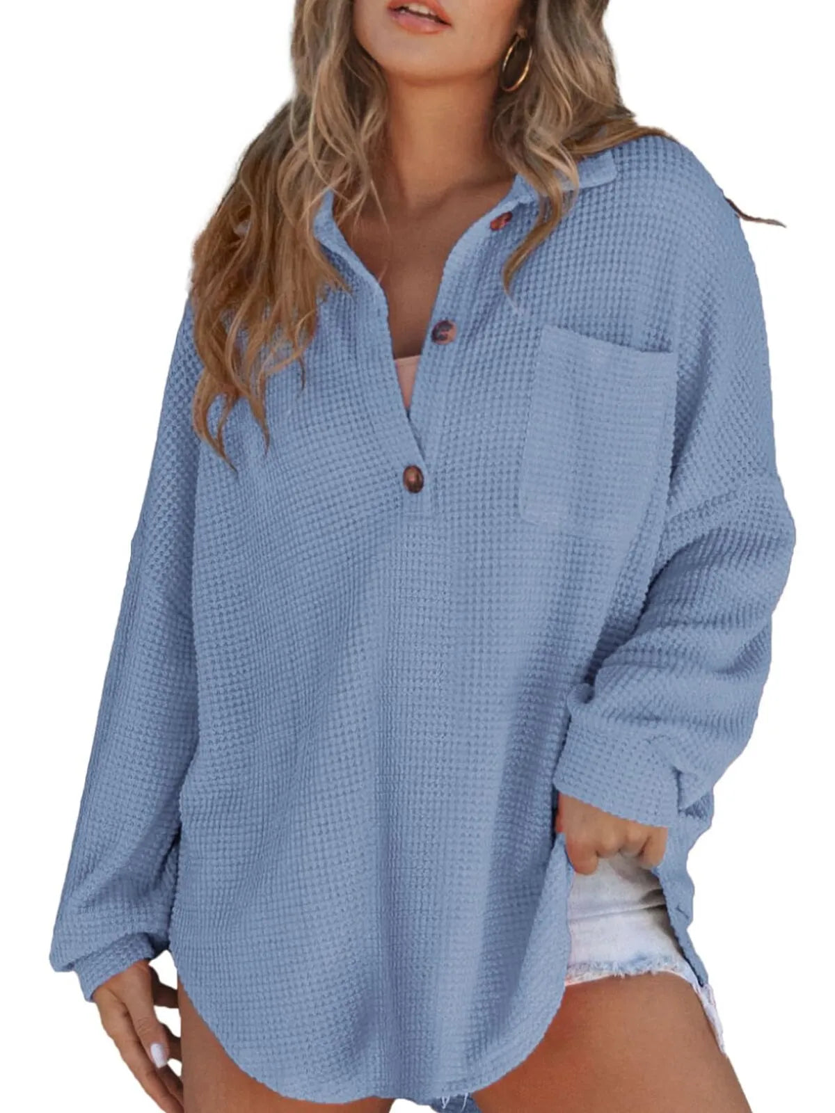 Solid Button Lapel Oversized Henley Waffle Knitwear Blouse