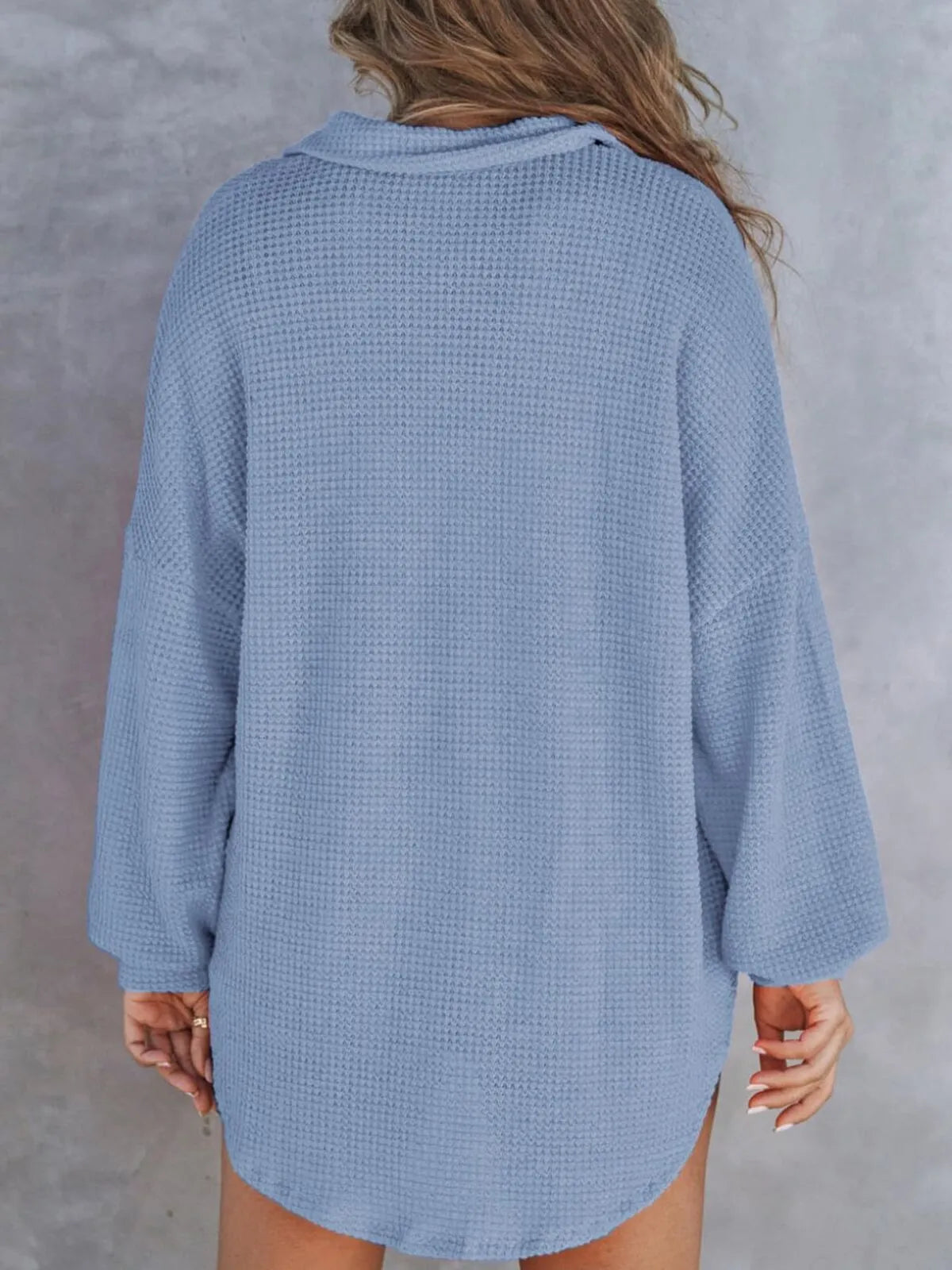 Solid Button Lapel Oversized Henley Waffle Knitwear Blouse