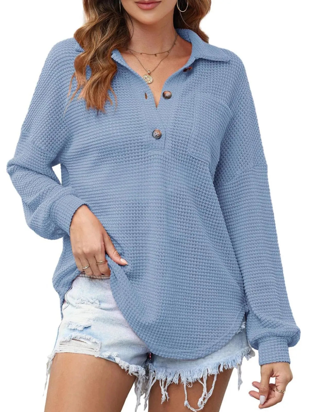 Solid Button Lapel Oversized Henley Waffle Knitwear Blouse