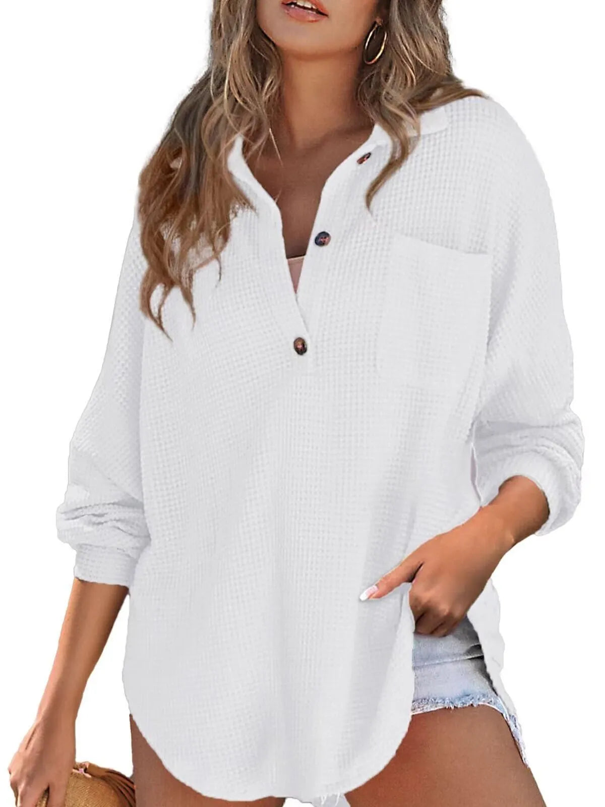 Solid Button Lapel Oversized Henley Waffle Knitwear Blouse