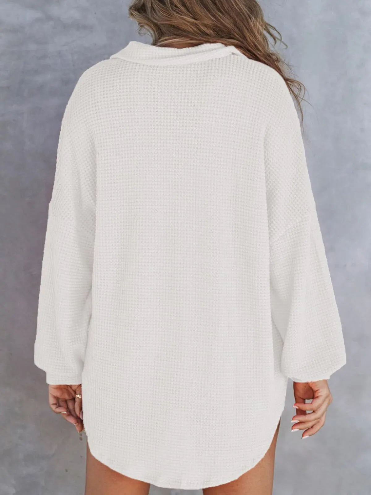 Solid Button Lapel Oversized Henley Waffle Knitwear Blouse