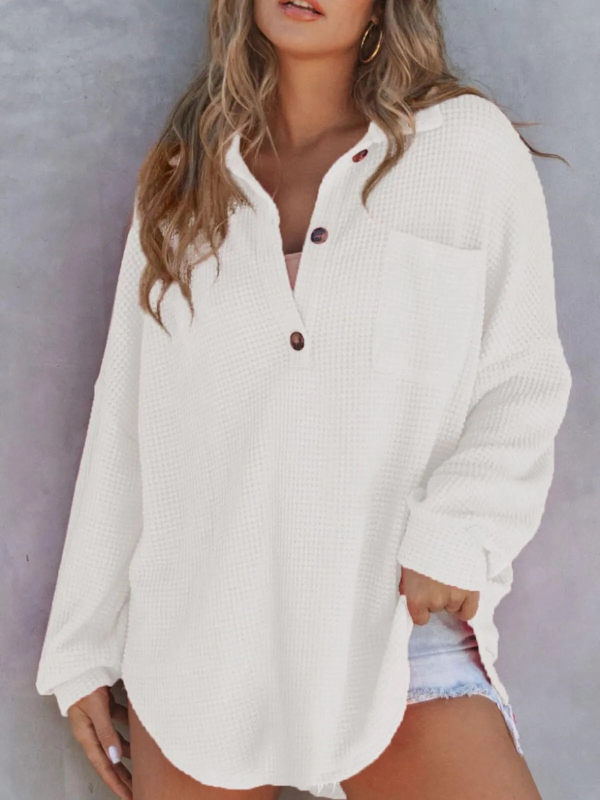 Solid Button Lapel Oversized Henley Waffle Knitwear Blouse