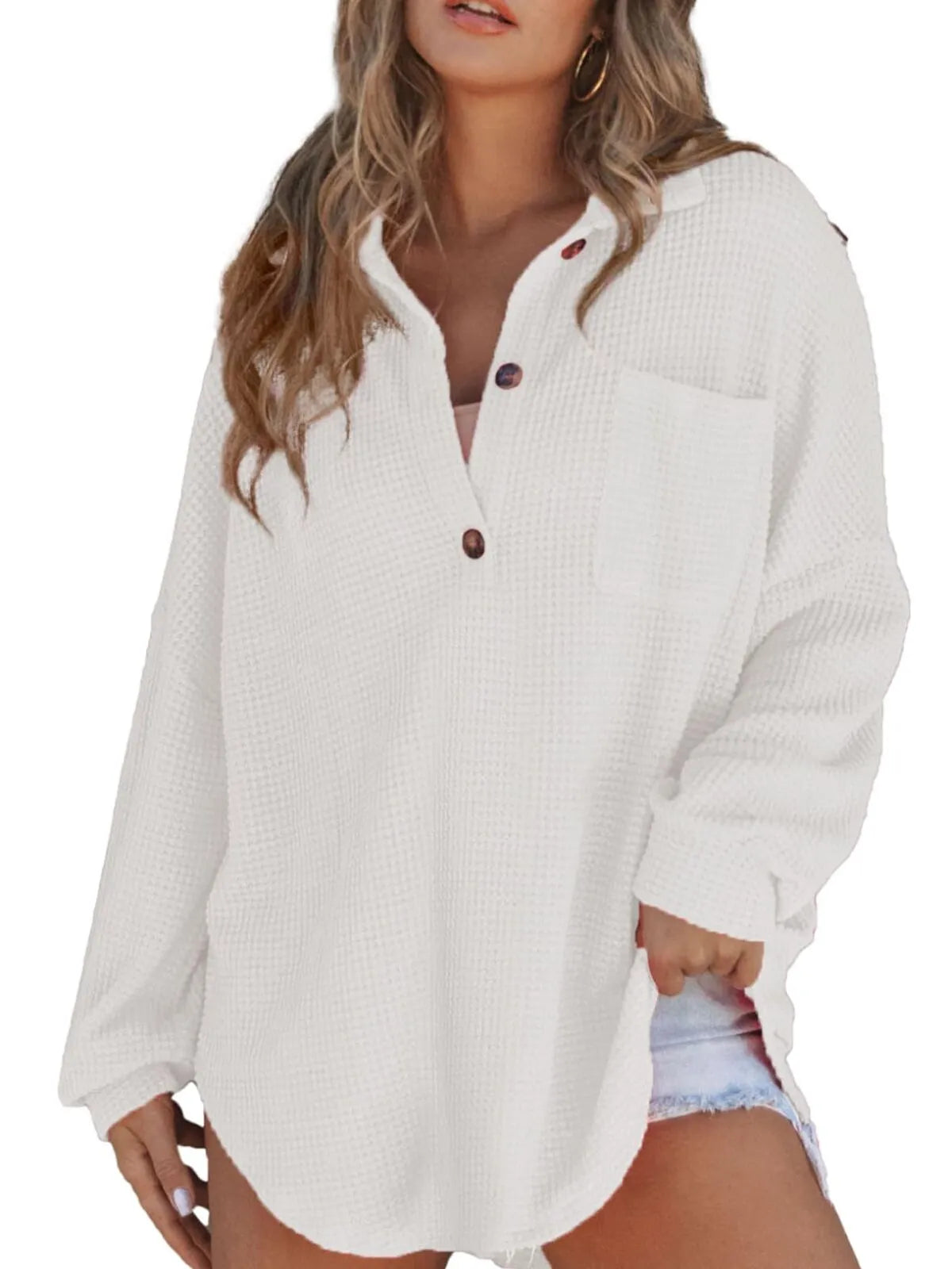 Solid Button Lapel Oversized Henley Waffle Knitwear Blouse