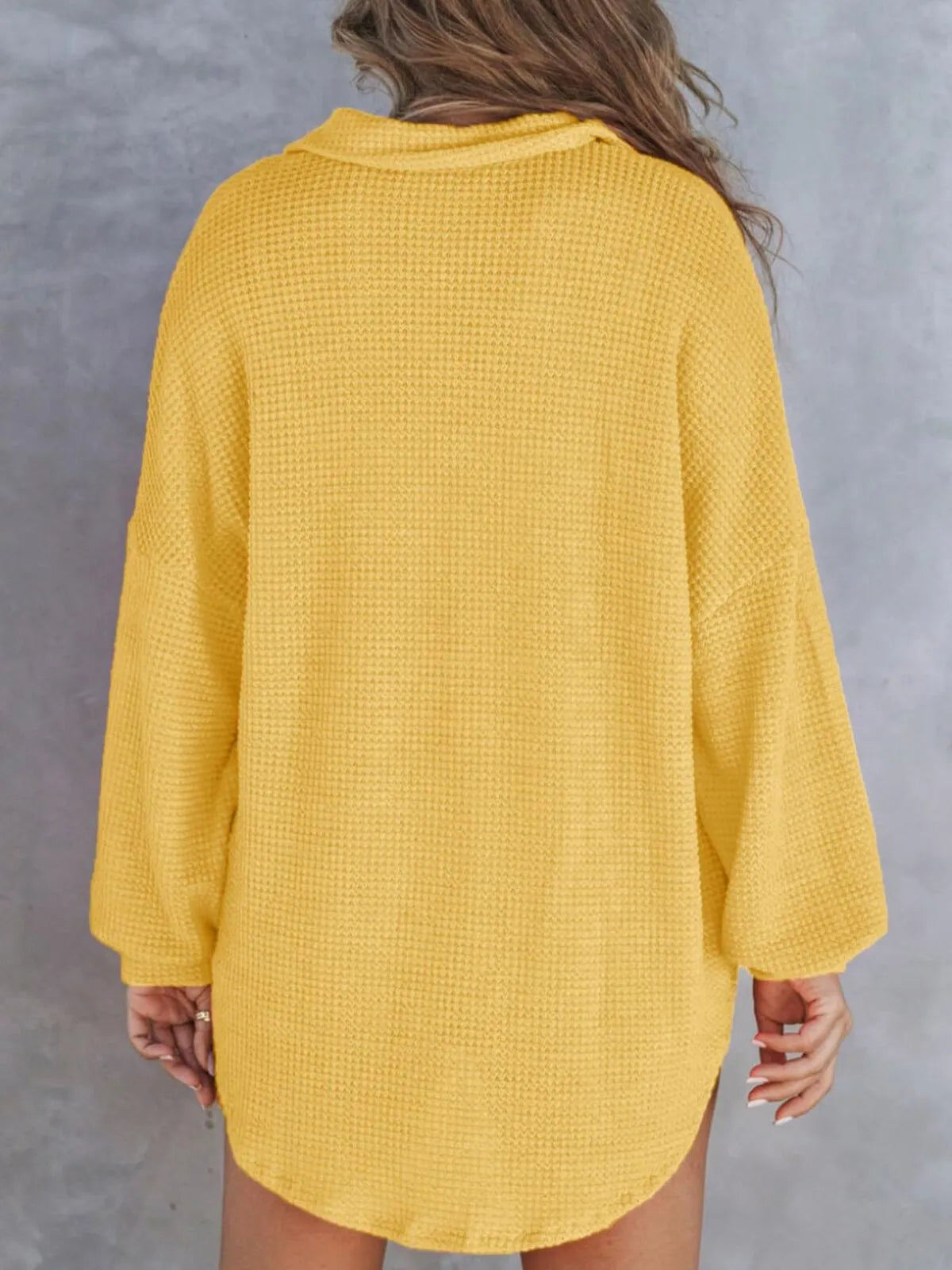 Solid Button Lapel Oversized Henley Waffle Knitwear Blouse