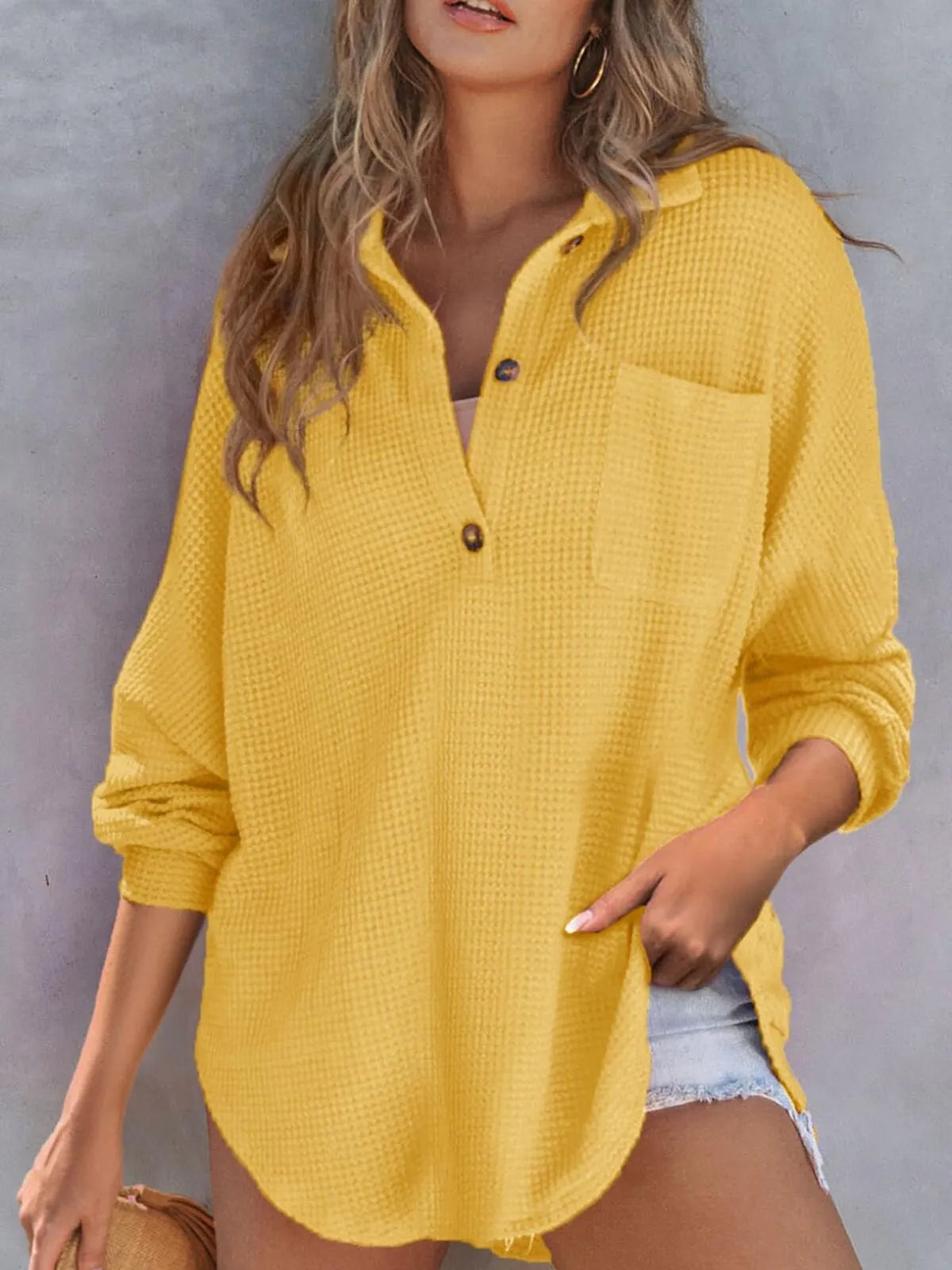 Solid Button Lapel Oversized Henley Waffle Knitwear Blouse