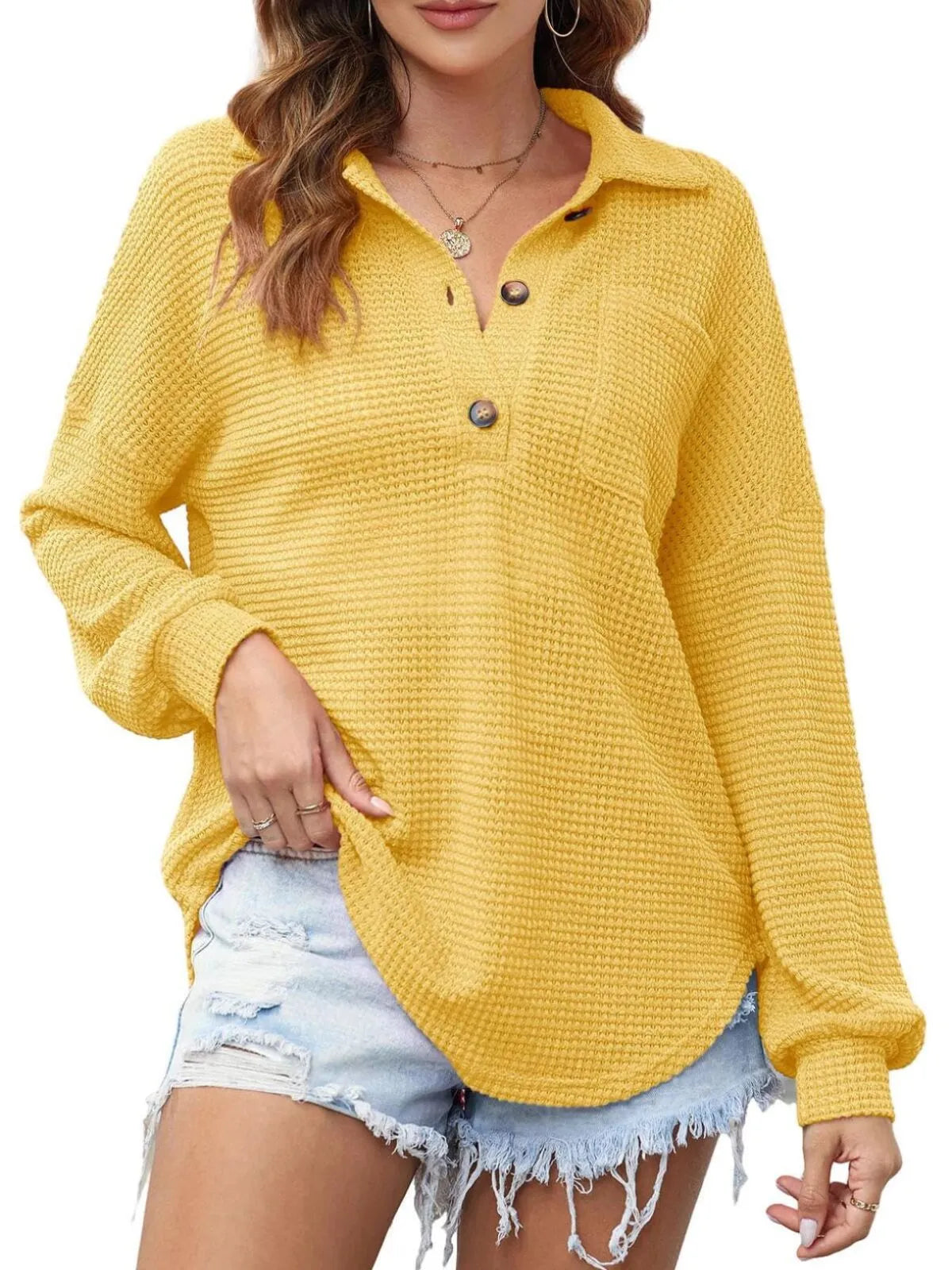 Solid Button Lapel Oversized Henley Waffle Knitwear Blouse