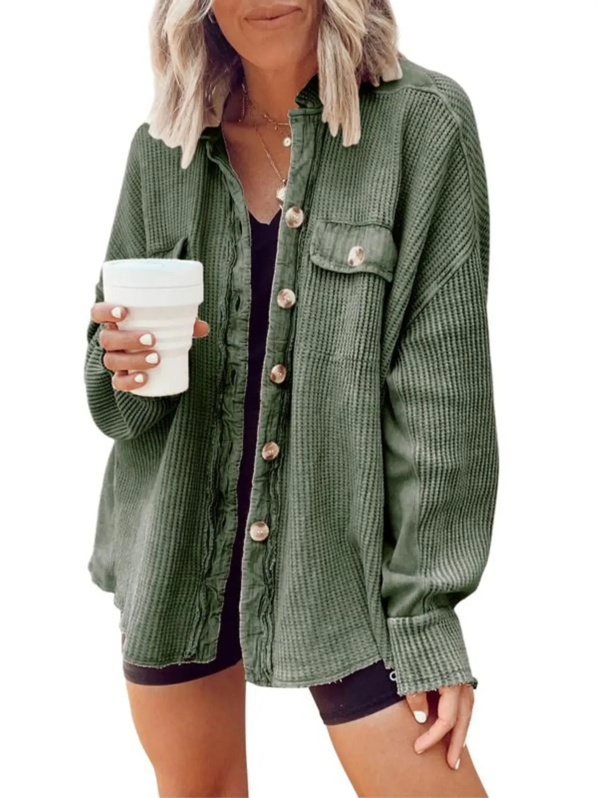 Solid Lapel Loose Fit Batwing Sleeve Waffle Knit Button Down Coat
