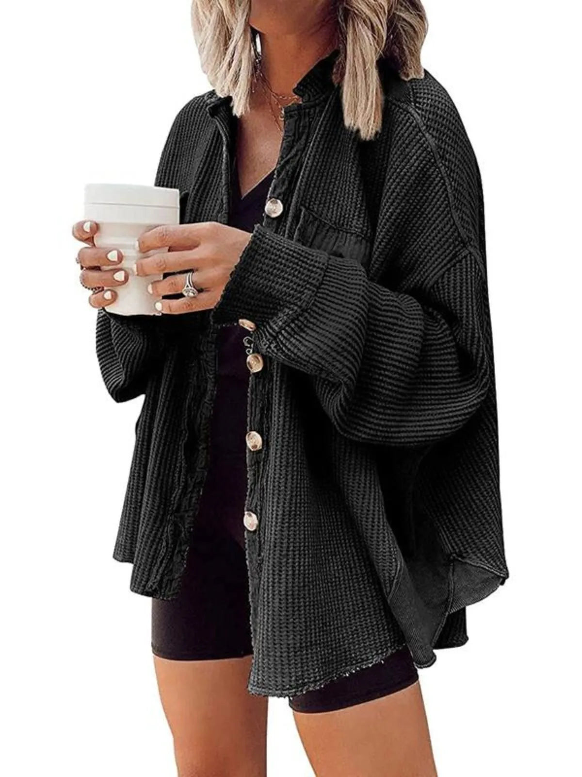 Solid Lapel Loose Fit Batwing Sleeve Waffle Knit Button Down Coat