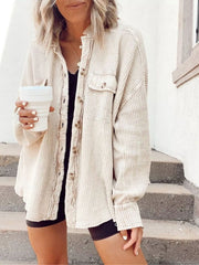 Solid Lapel Loose Fit Batwing Sleeve Waffle Knit Button Down Coat