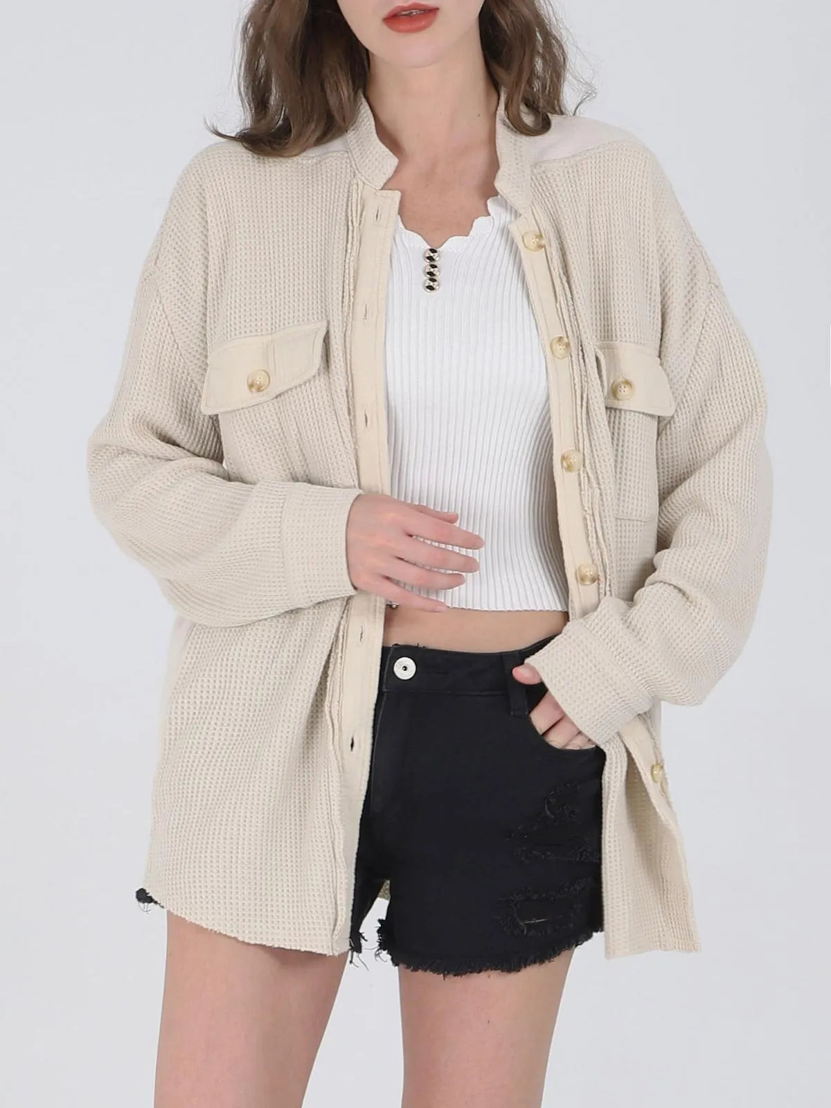 Solid Lapel Loose Fit Batwing Sleeve Waffle Knit Button Down Coat