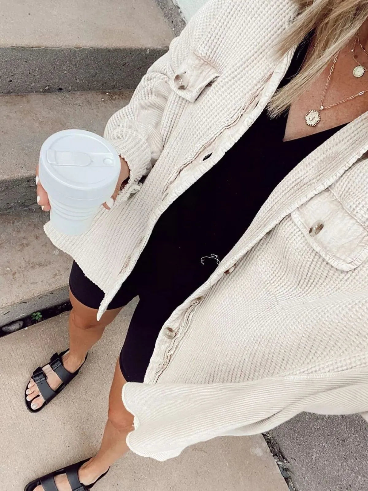 Solid Lapel Loose Fit Batwing Sleeve Waffle Knit Button Down Coat